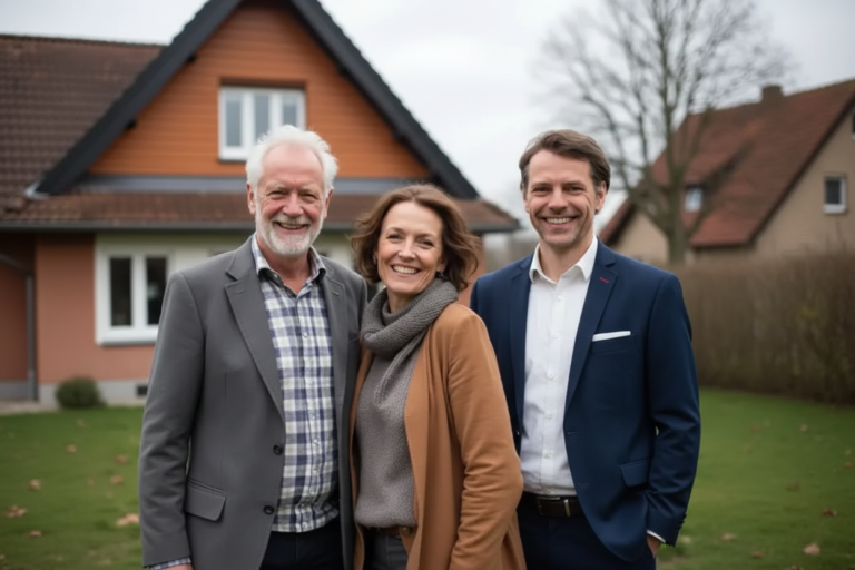 Immobilienmakler Lars Beckmann von Venti Immobilien in Dresden steht gemeinsam mit zufriedenen Kunden vor einem verkauften Einfamilienhaus. Erfolgreicher Hausverkauf in Dresden mit persönlicher Beratung und Vertrauen.