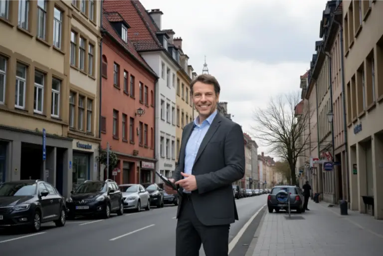 Lars Beckmann steht in der Stadt Dresden. Immobilienmakler