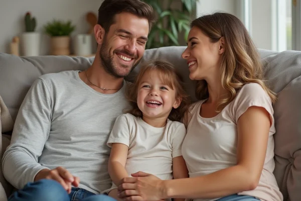 Glückliche Familie sitzt gemeinsam lachend auf dem Sofa in ihrer neuen Wohnung – Symbolbild für erfolgreiche Wohnungsvermietung.